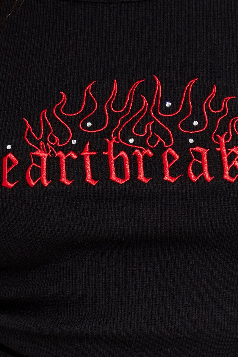 Black Tank Crop Top Round Neck Embroidery