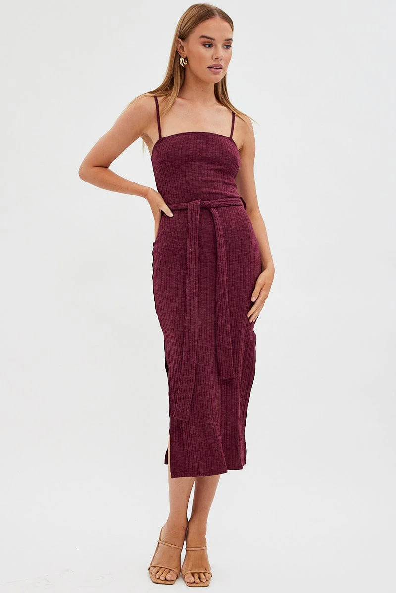 Red Maxi Dress Bodycon Tie Belted Rib
