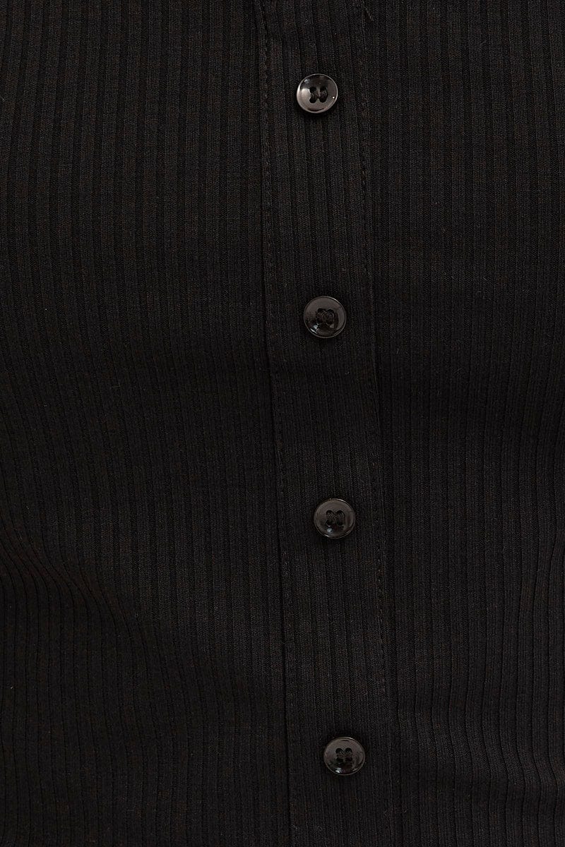 Black Collared Top Short Sleeve Button Up Rib Jersey