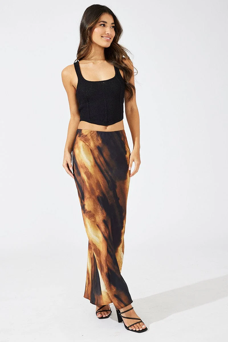 Brown Abstract Slip Skirt Maxi Satin