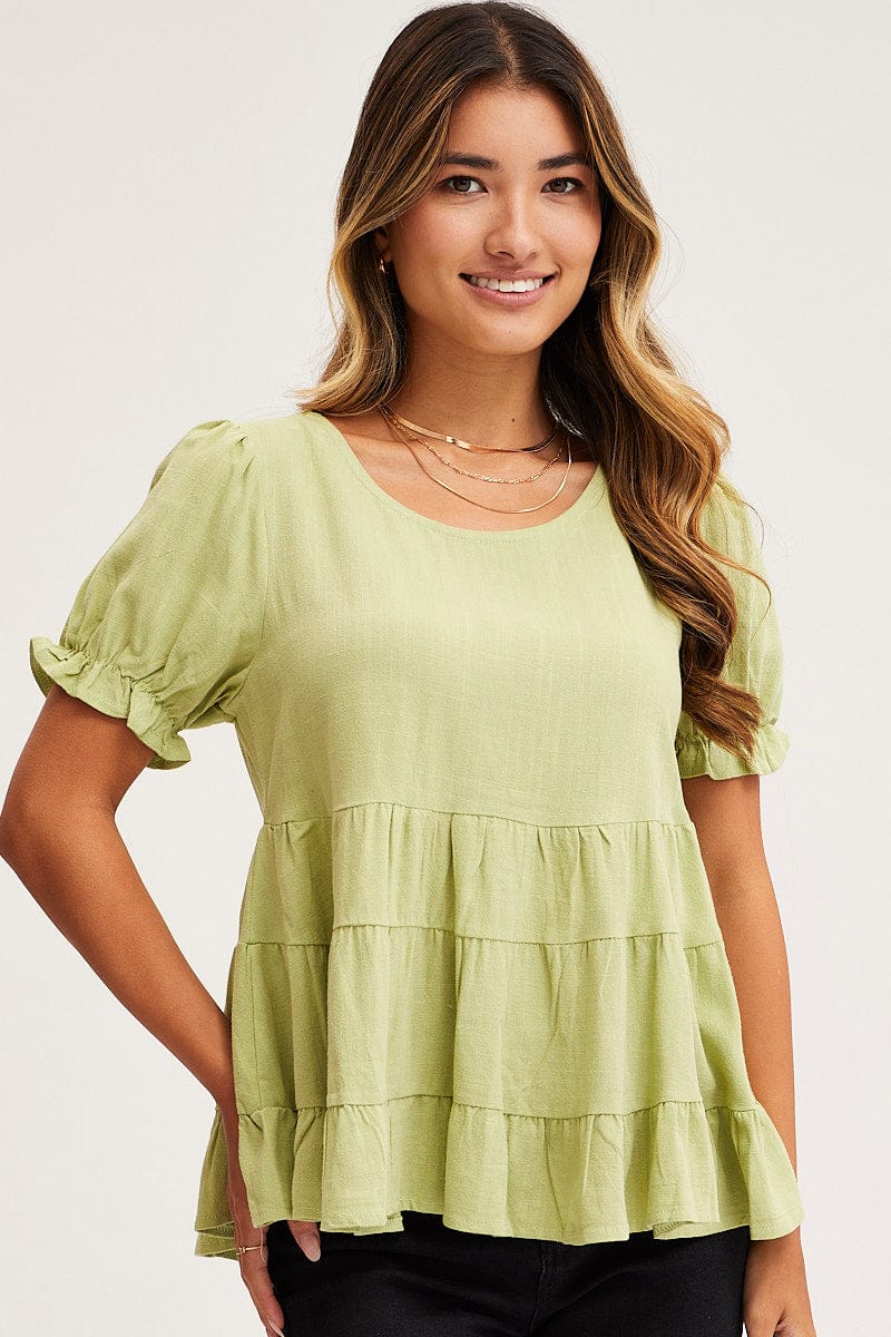 Green Smock Top Short Sleeve