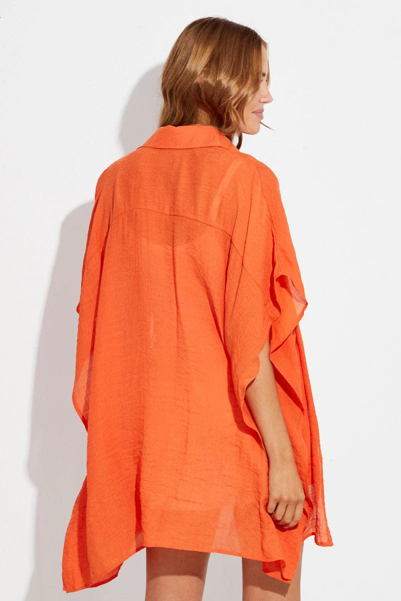 Orange Short Sleeve Shirt Collared Longline
