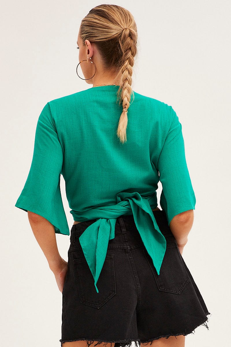 Green Tie Bolero Short Sleeve Linen Blend