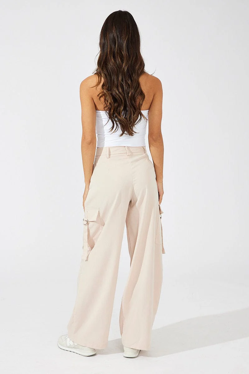 Beige Wide Leg Pants Low Rise