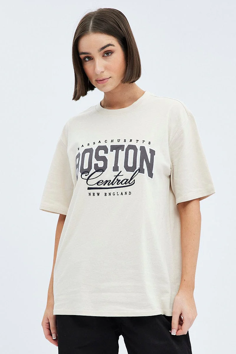 Beige Graphic Tee Short Sleeve  Oversized