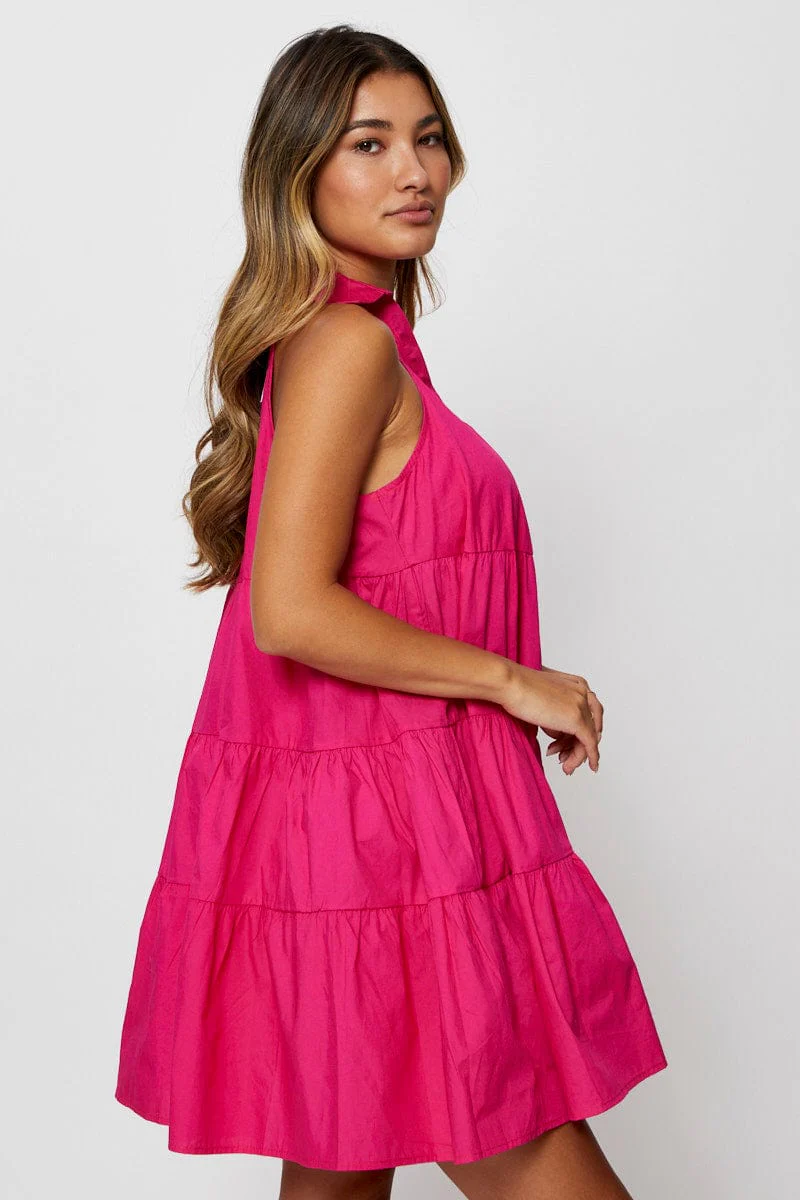 Pink Shirt Dress Sleeveless V Neck