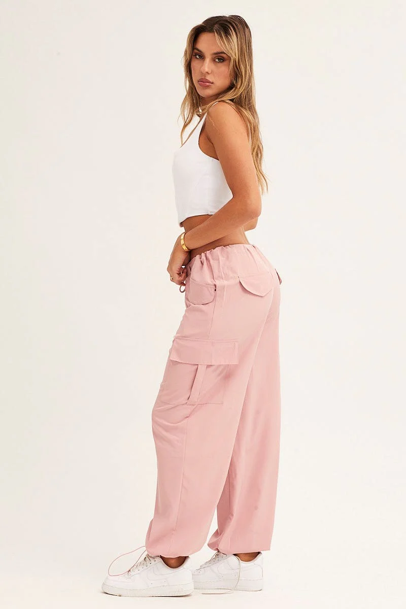 Pink Cargo Parachute Pants Out Pocket