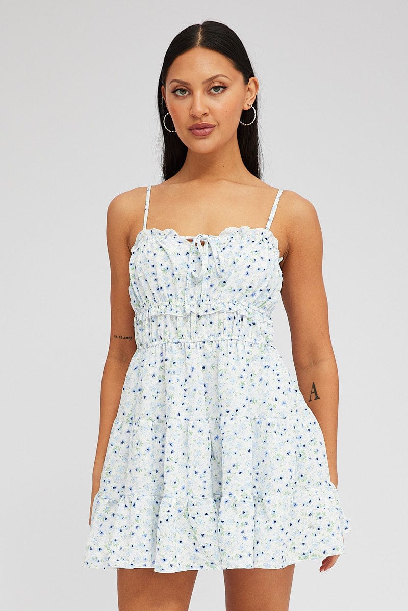 White Ditsy Fit and Flare Dress Sleeveless Tiered