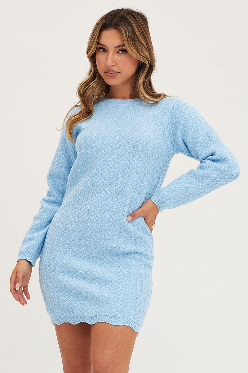 Blue Dress Long Sleeve Mini Knit