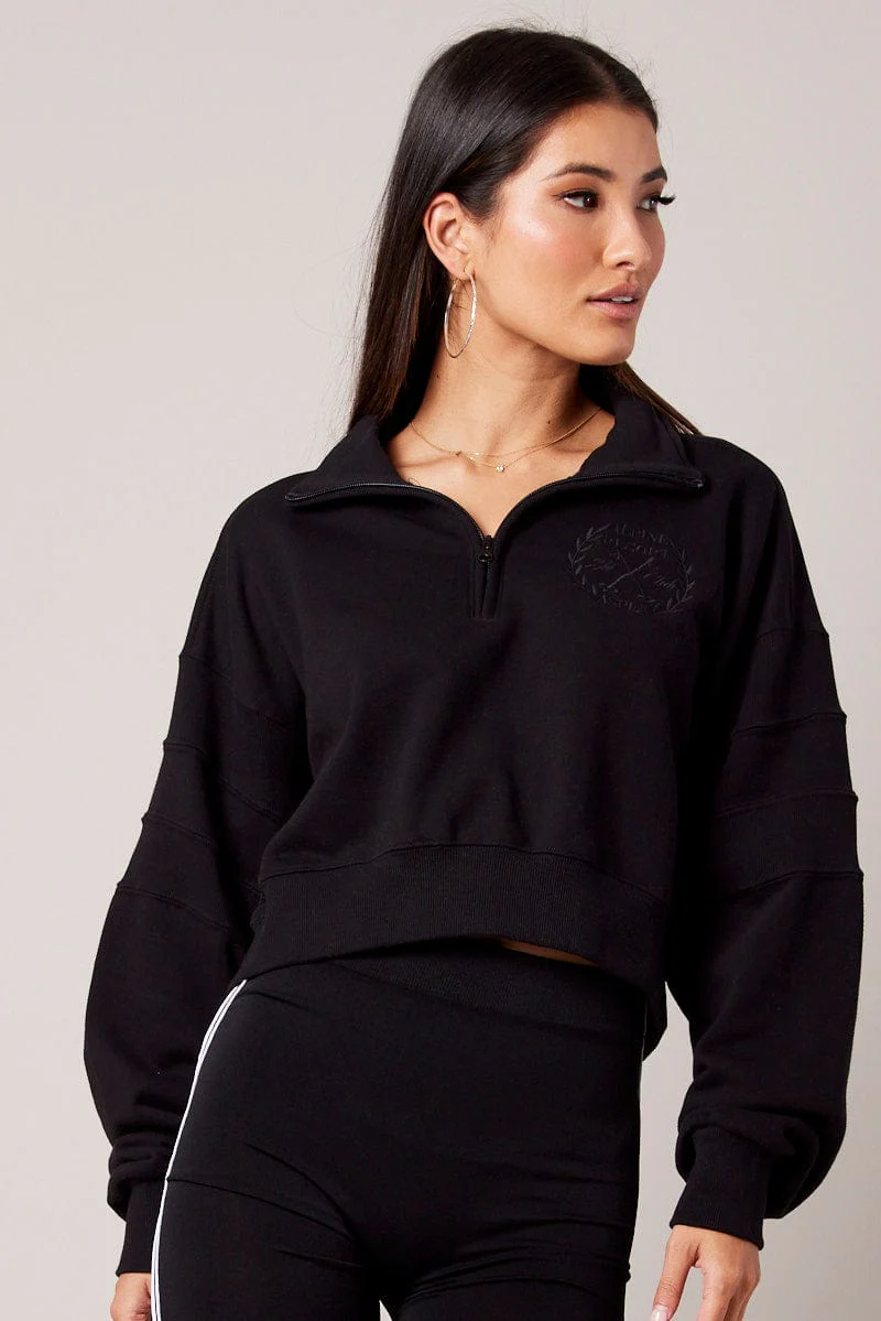 Black Zip Up Sweater Crop Long Sleeve High Neck