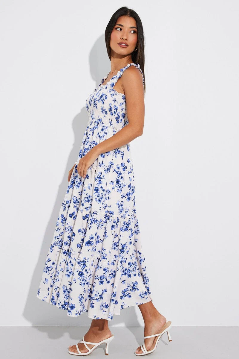 White Floral Maxi Dress Shirred Bust Tiered