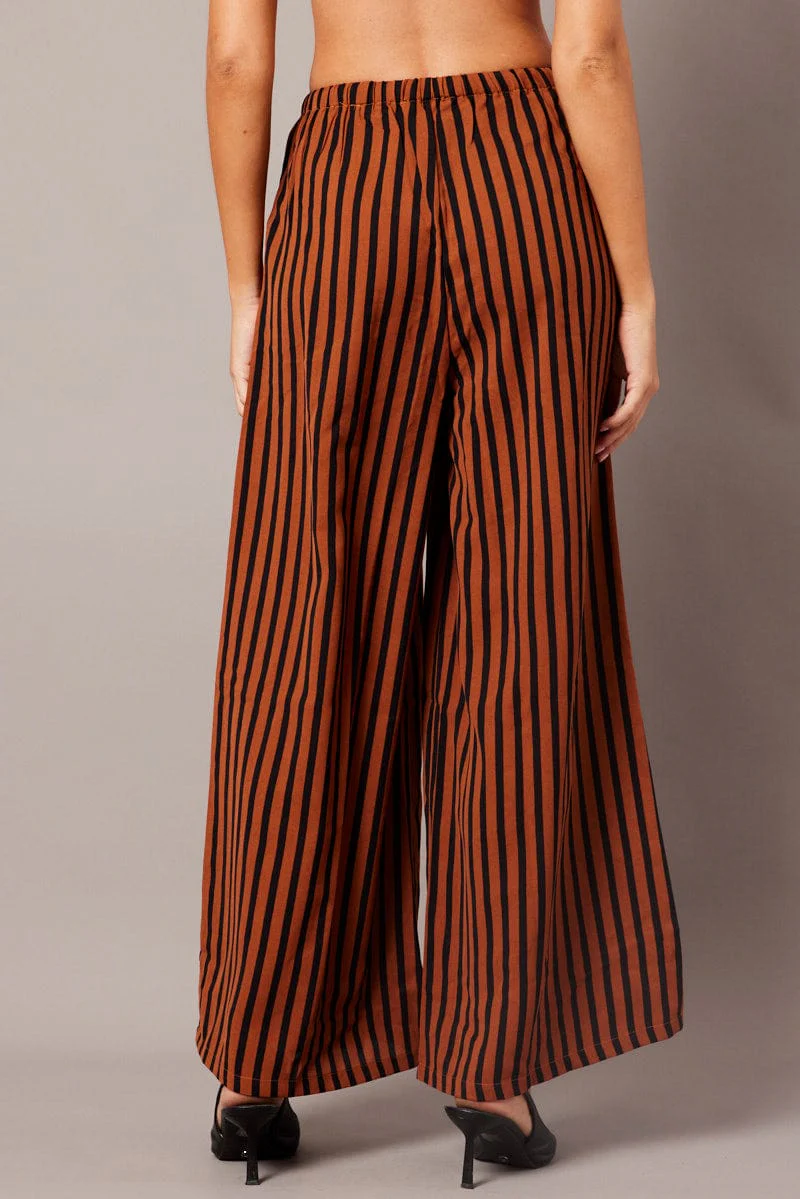 Brown Stripe Wide Leg Pants High Rise