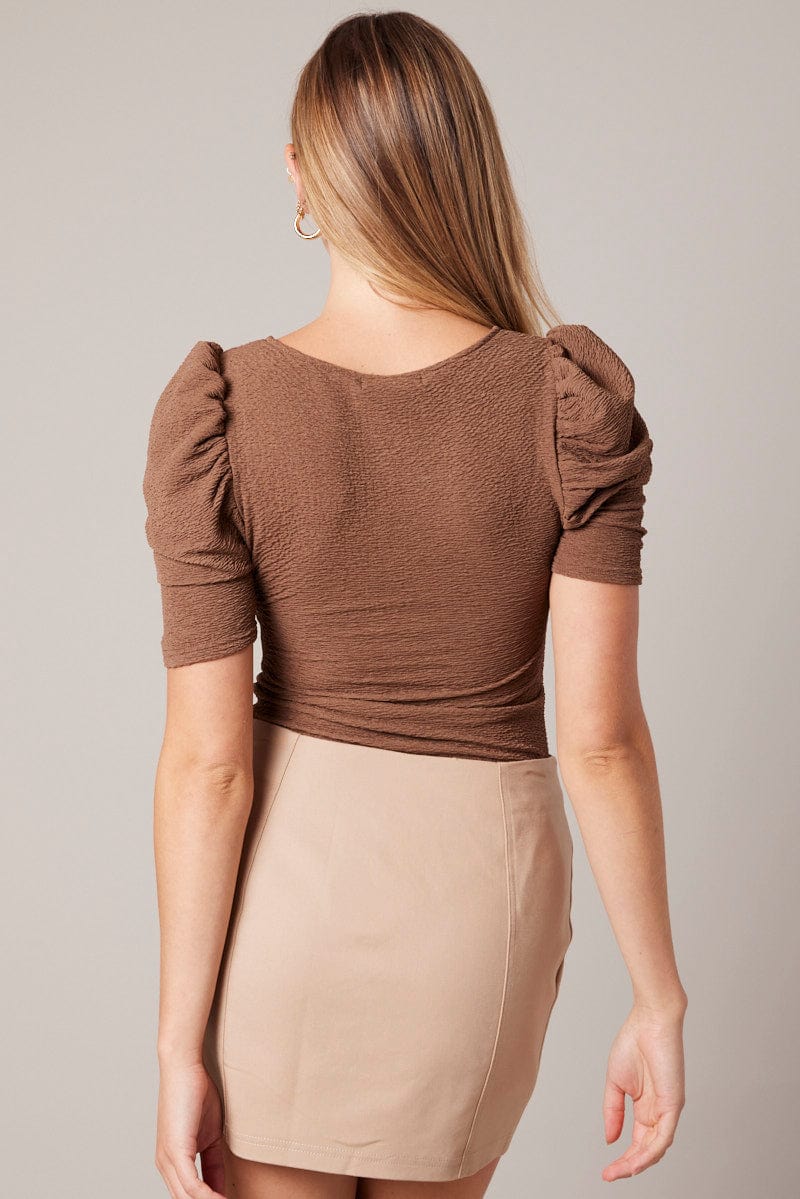 Brown Bodysuit Short Sleeve Textured