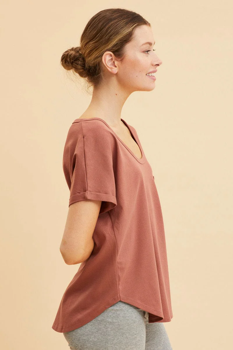 Brown Pocket Tee Scoop Neck Cotton Stretch Short Sleeve