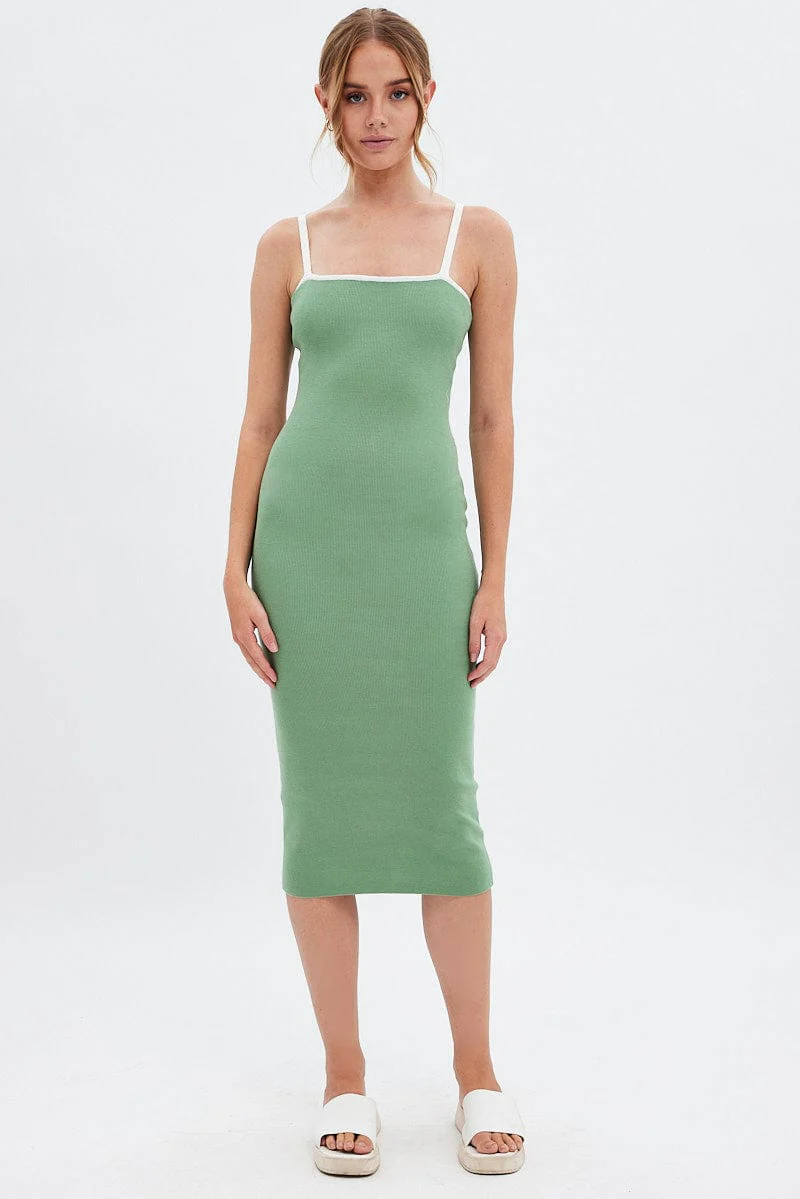 Green Knit Dress Sleeveless Midi Contrast Bind