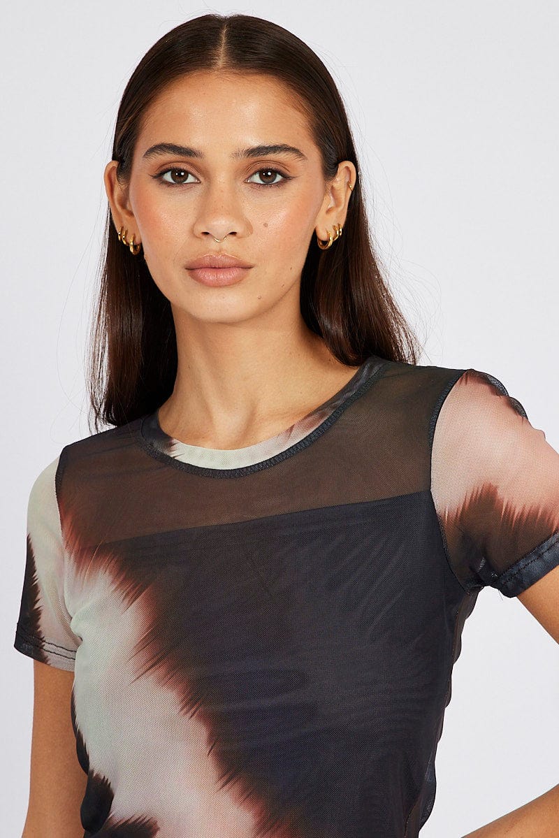 Brown Abstract Top Short Sleeve