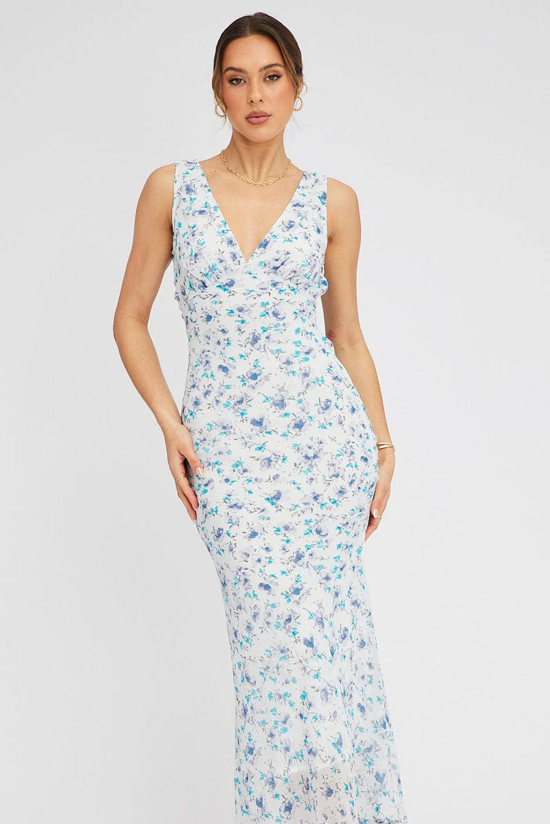 Blue Floral Midi Dress Bias Cutting