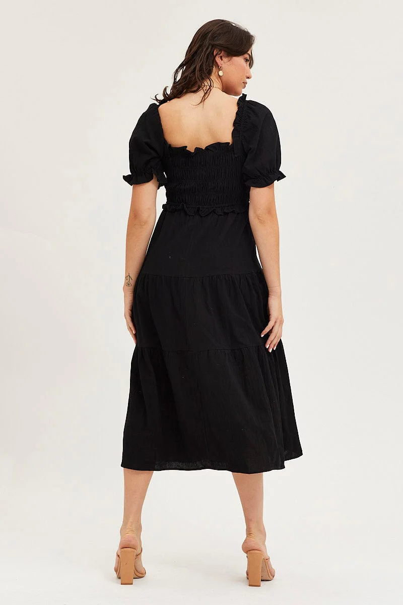 Black Shirred Dress Puff Sleeve Maxi