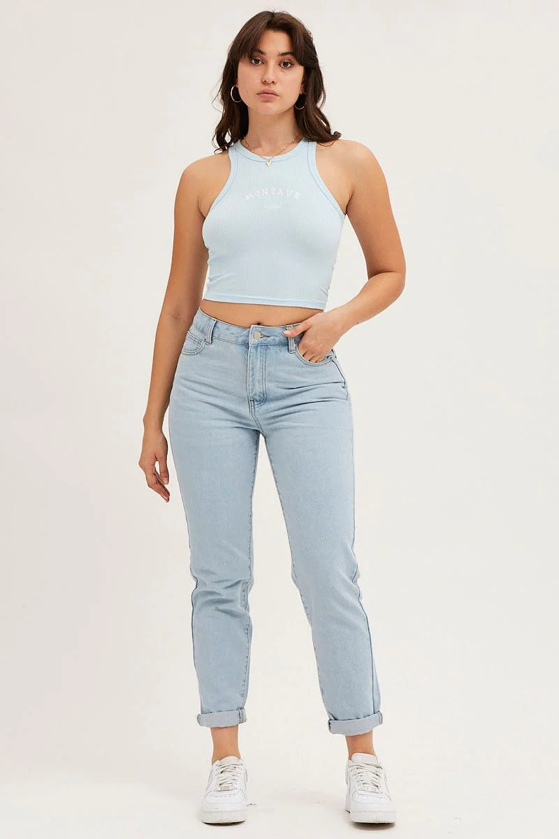 Blue Crop Tank Embroided