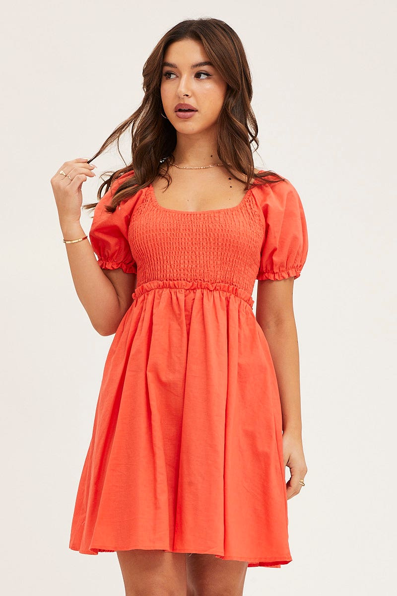 Orange Puff Sleeve Linen Shirred Skater Dress