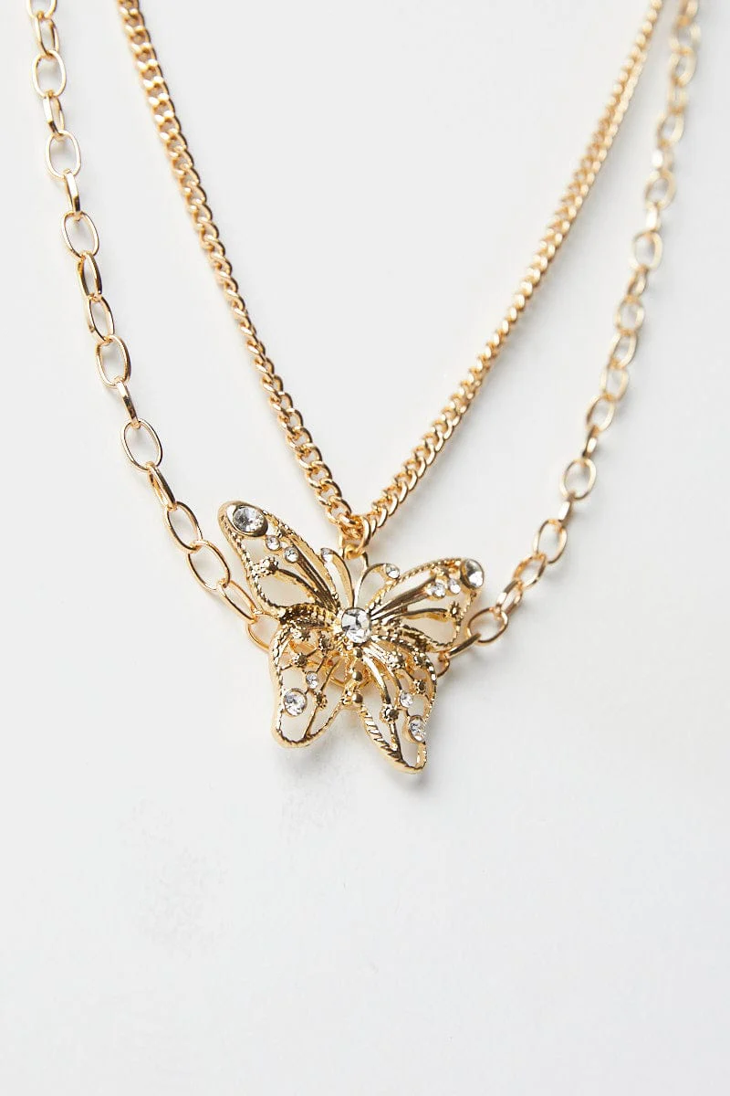 Gold Butterfly Layered Pendant Necklace