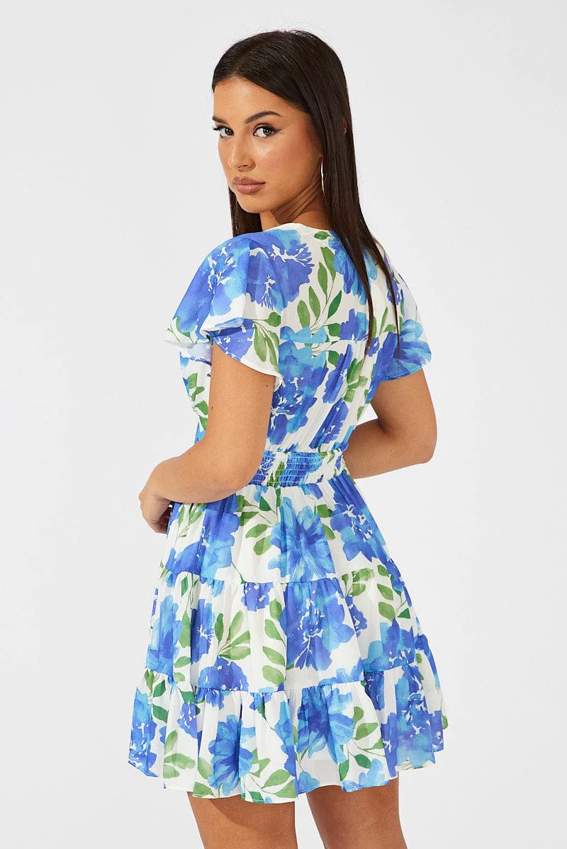 Multi Floral Fit And Flare Dress V-neck Mini