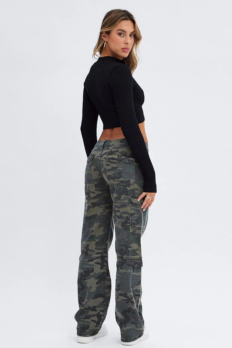 Green Print Camo Cargo Jeans Straight Out Pocket