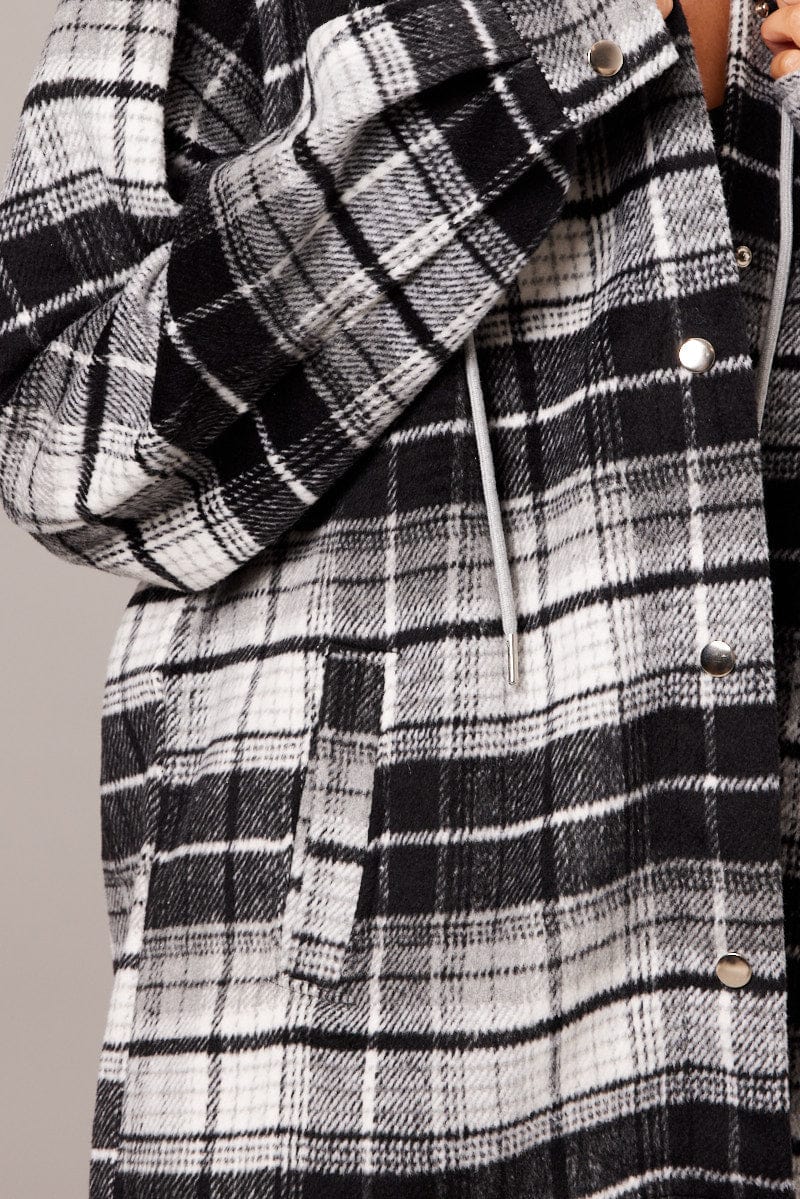 Black Check Hoodie Shacket Long Sleeve