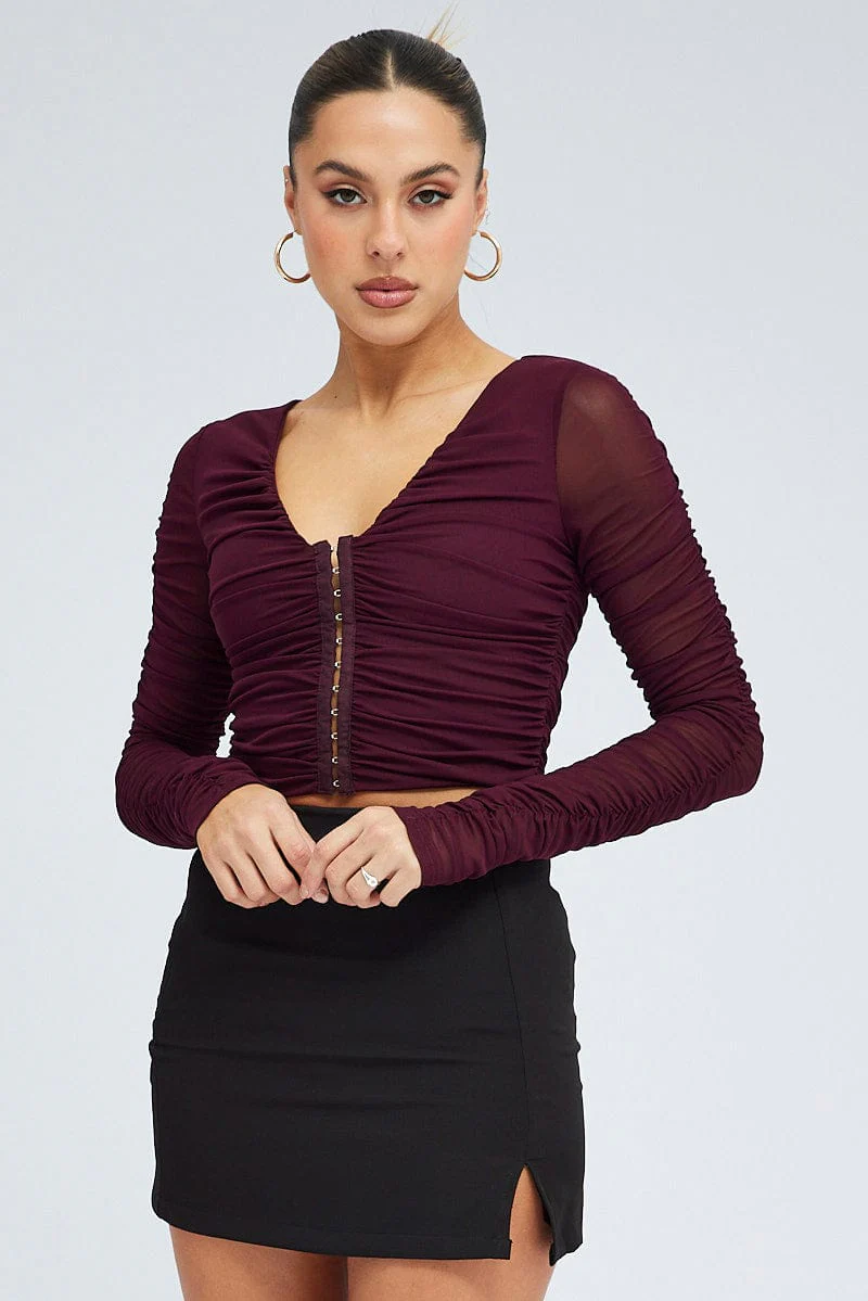 Purple Mesh Top Long Sleeve Ruched Hook And Eye