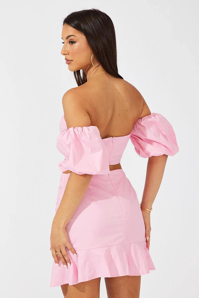 Pink Mini Skirt Ruched Detail Ruffle Hem