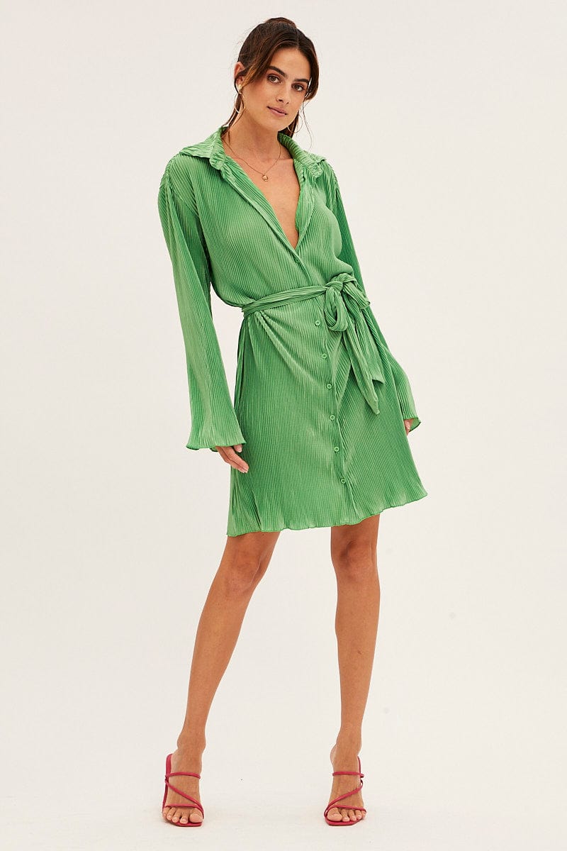 Green Plisse Shirt Dress Front Button
