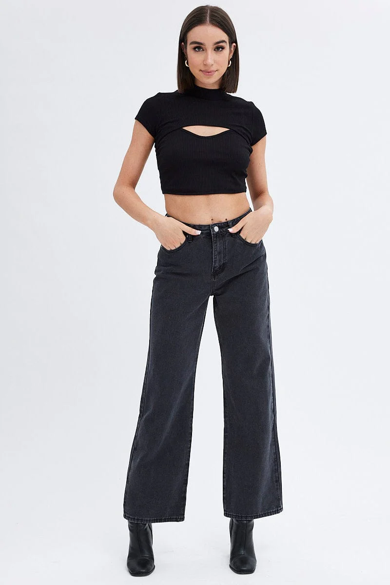 Grey Wide Leg Denim Jeans High rise