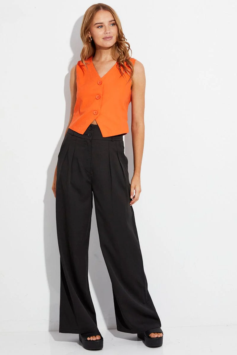 Orange Vest Top Sleeveless V-Neck Button Up Linen Blend