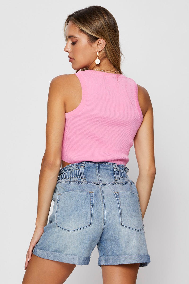 Blue Paper Bag Denim Shorts High Waist