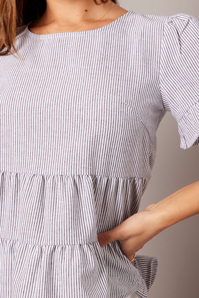Black Stripe Ruffle Top Short Sleeve