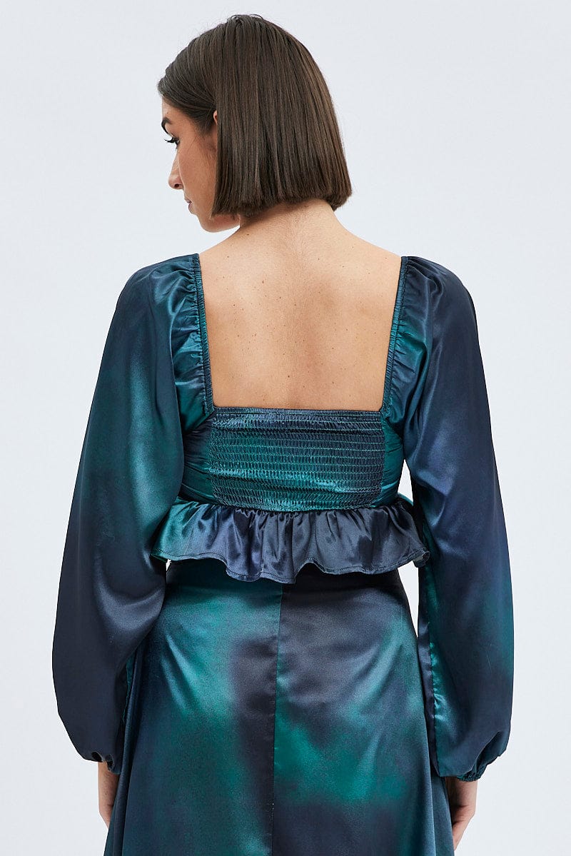 Green Print Crop Top Long Sleeve Square Neck Frill Hem Satin