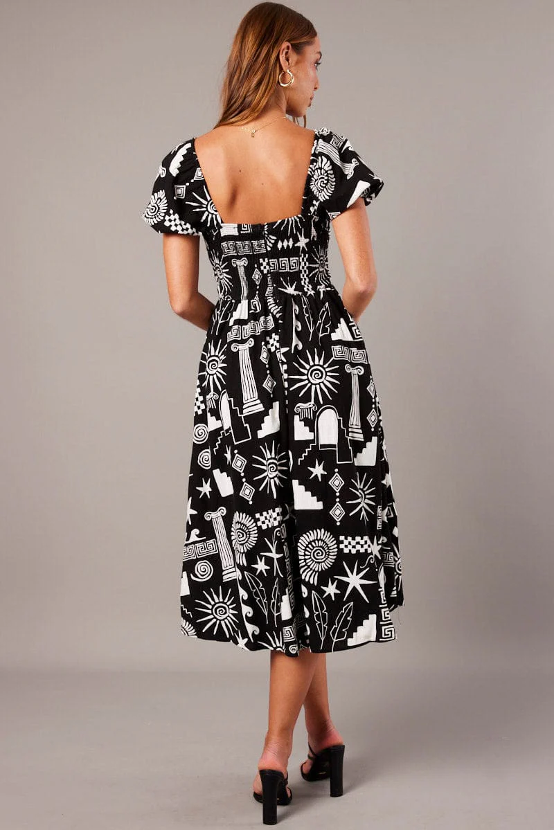 Black Abstract Midi Dress Short Sleeve Ruched Bust