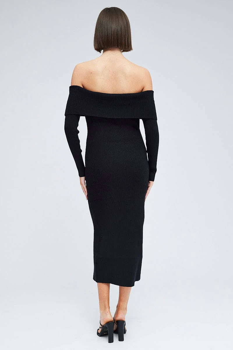 Black Midi Dress Long Sleeve Off Shoulder Bardot Knit