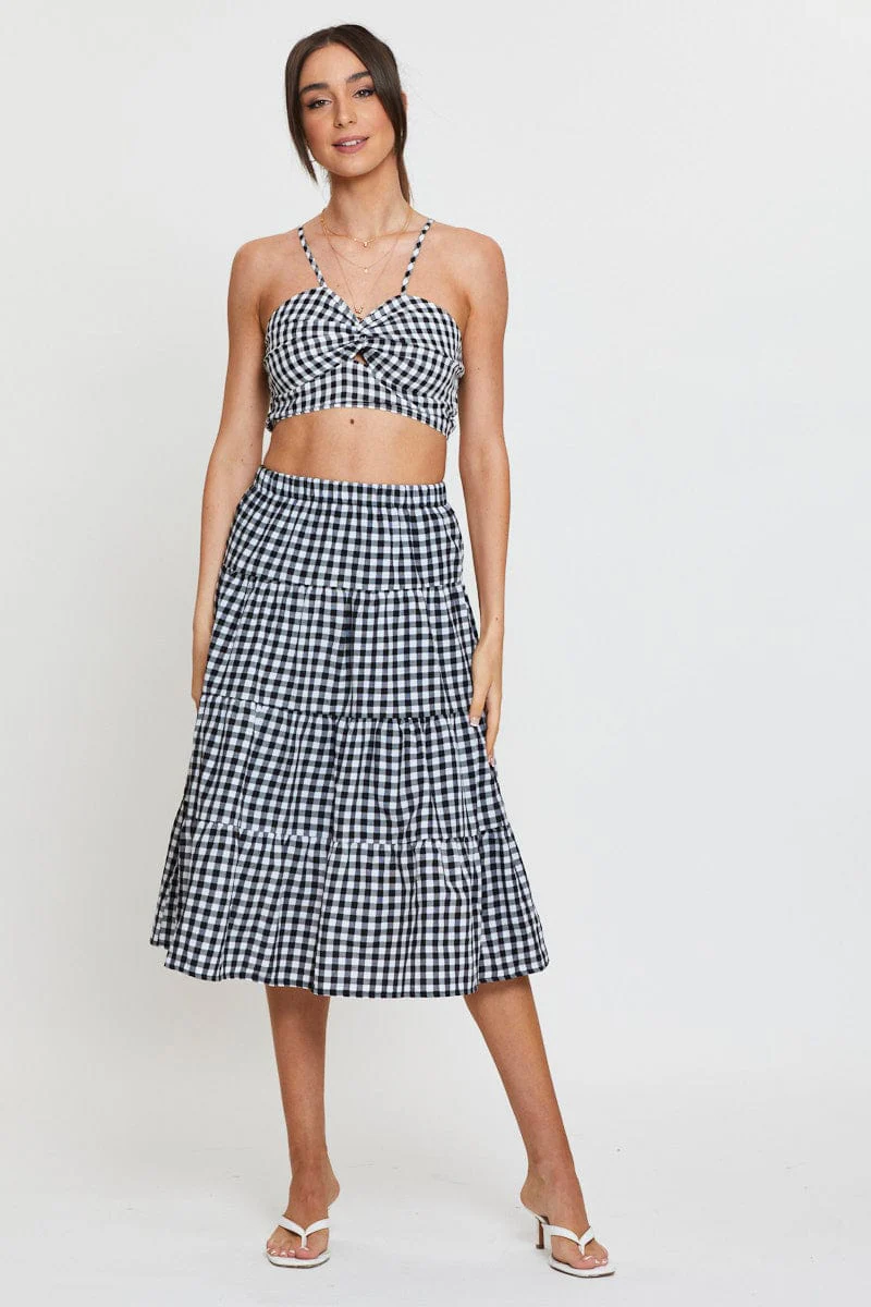 Check Midi Skirt High Rise Tiered