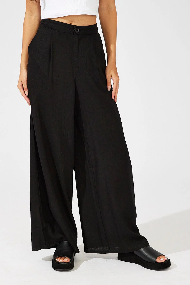 Black Wide Leg Pants High Rise Linen Blend