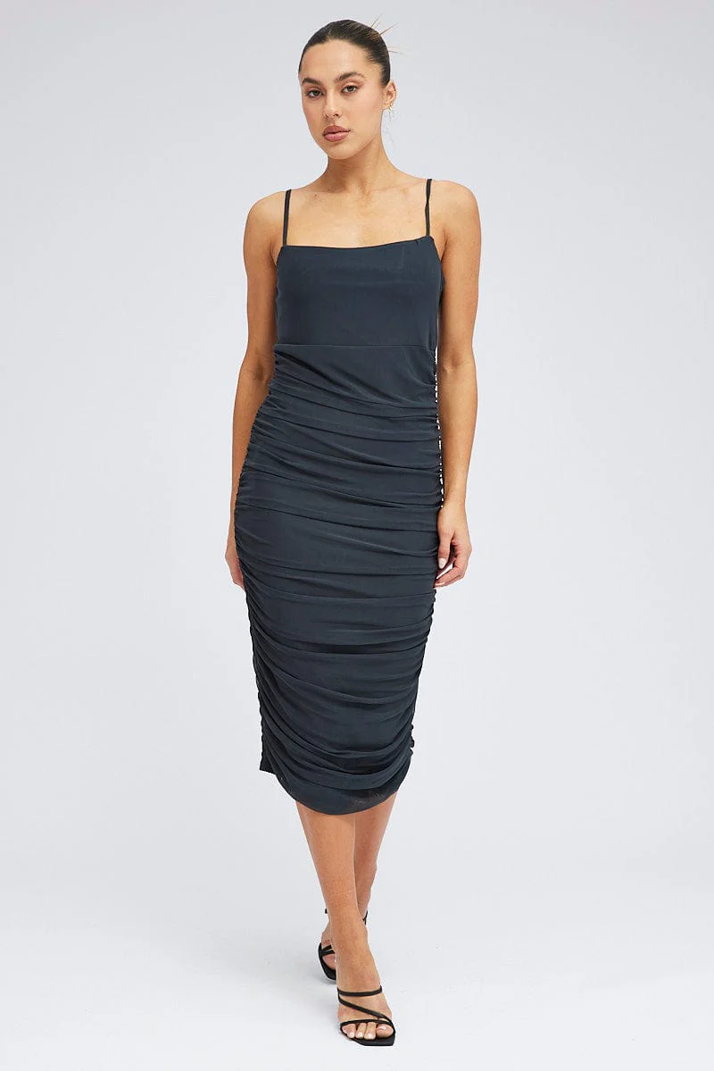 Grey Midi Dress Sleeveless Bodycon Ruched Mesh