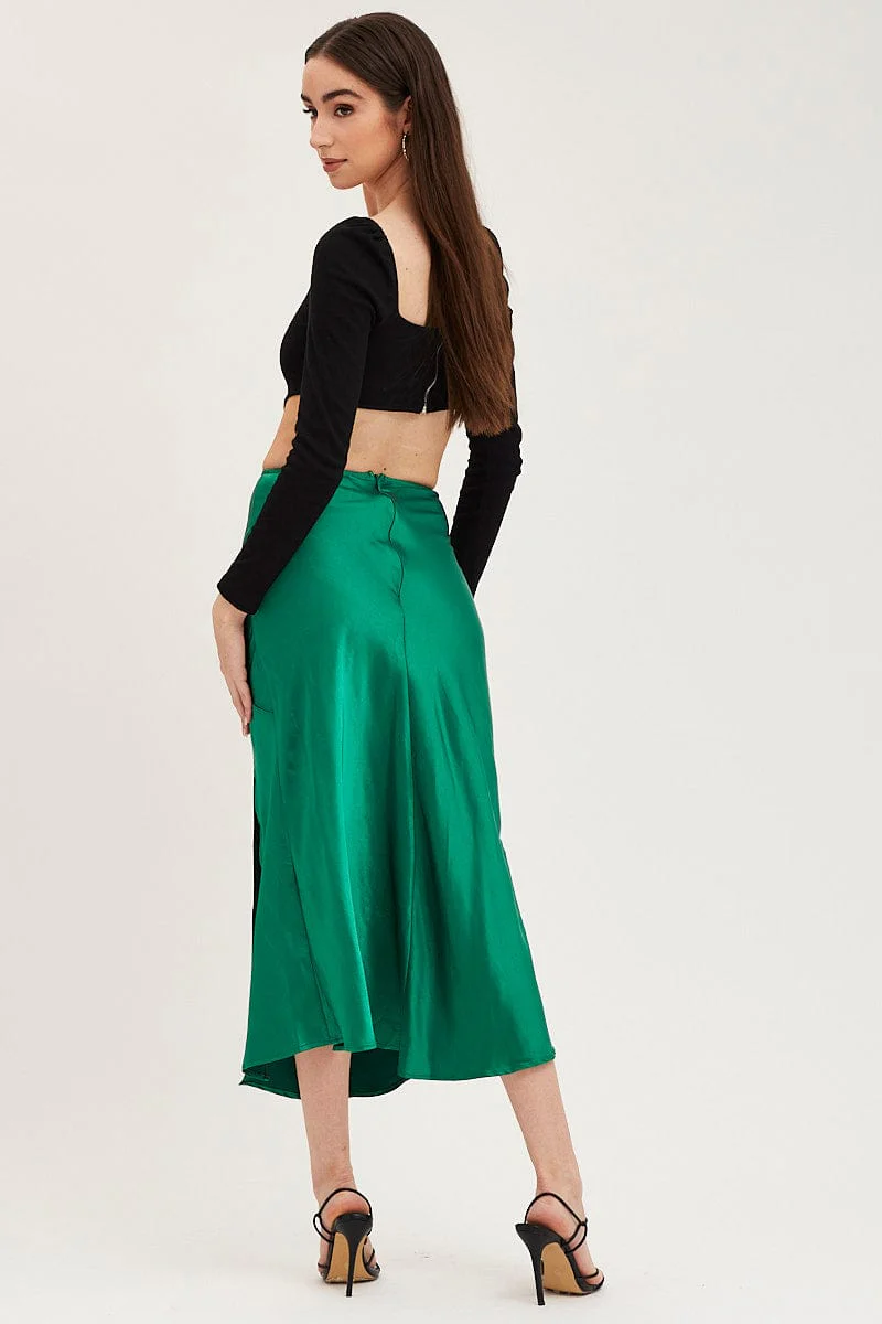 Green Slip Skirt Front Split Satin