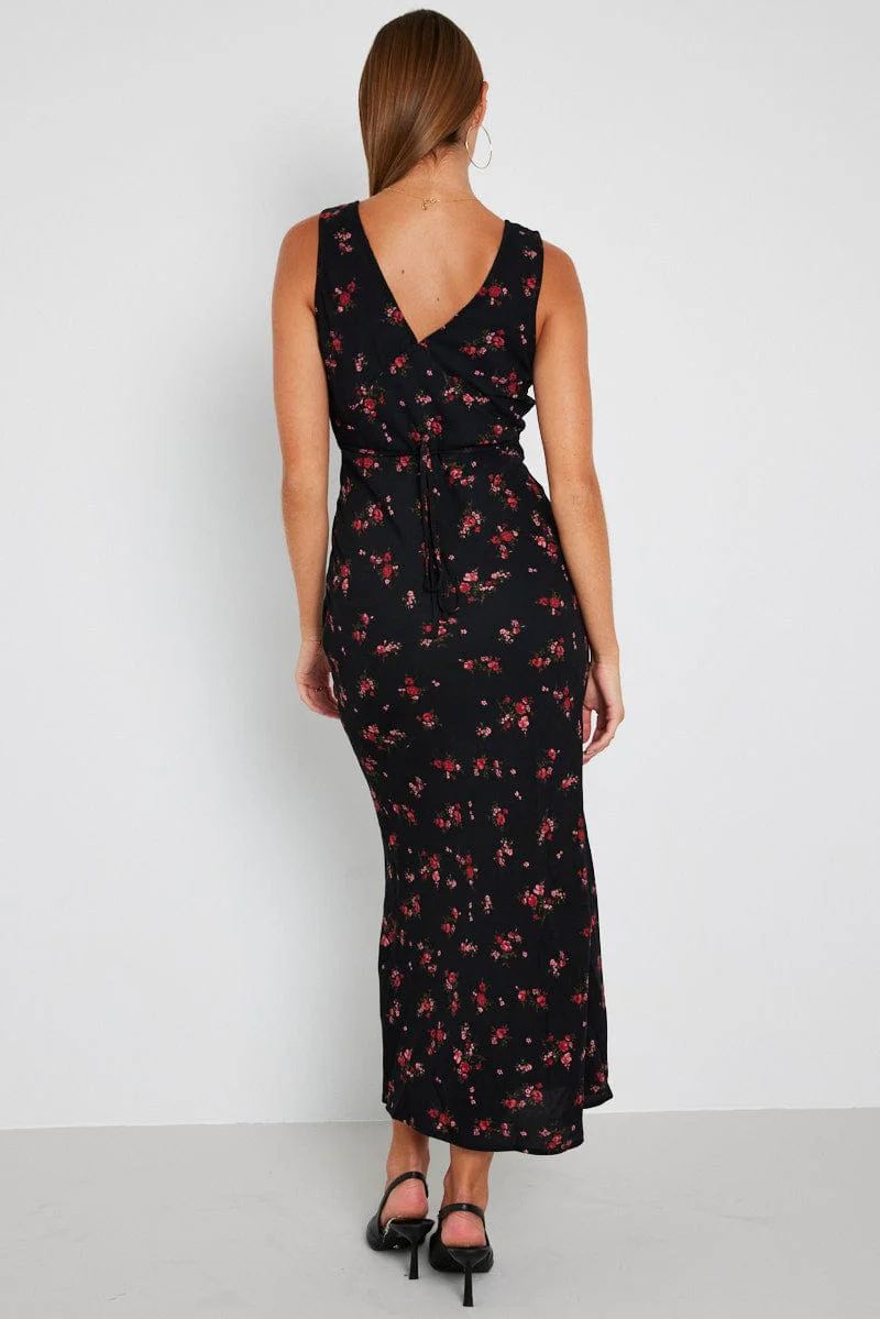 Black Floral Maxi Dress V-Neck Sleevelss
