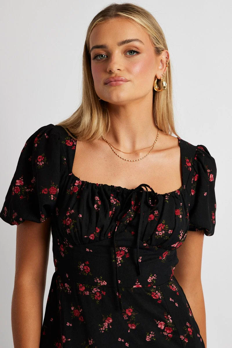 Black Ditsy Midi Dress Short Sleeve Side Split