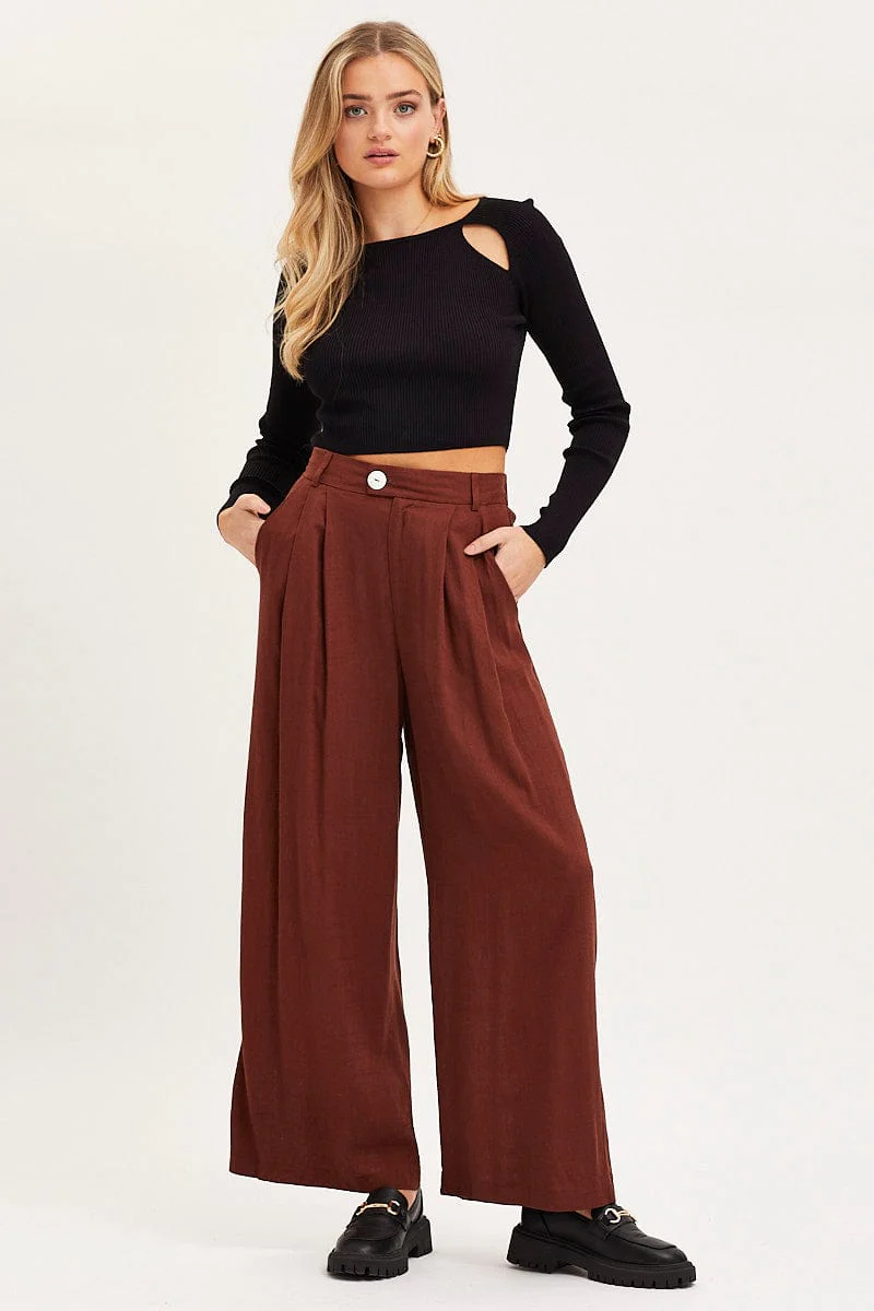 Brown Wide Leg Pants High Rise