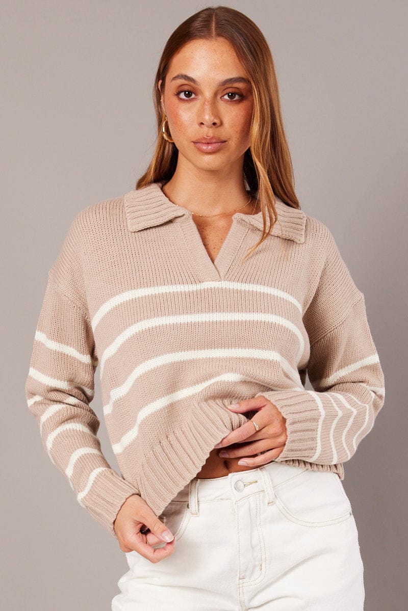 Beige Stripe Knit Top Long Sleeve Collared Jumper