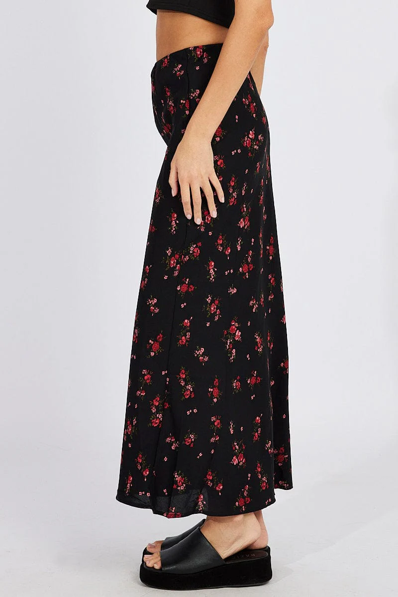 Black Floral Slip Skirt Maxi