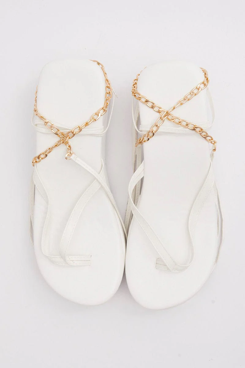 White Chain Decor Tie Leg Toe Post Wedge Thong Sandals