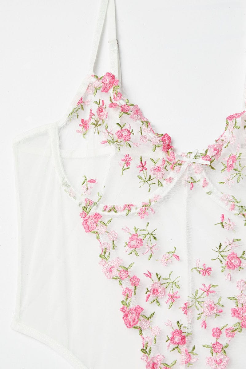 Pink Mesh Embroidery One Piece Bodysuit