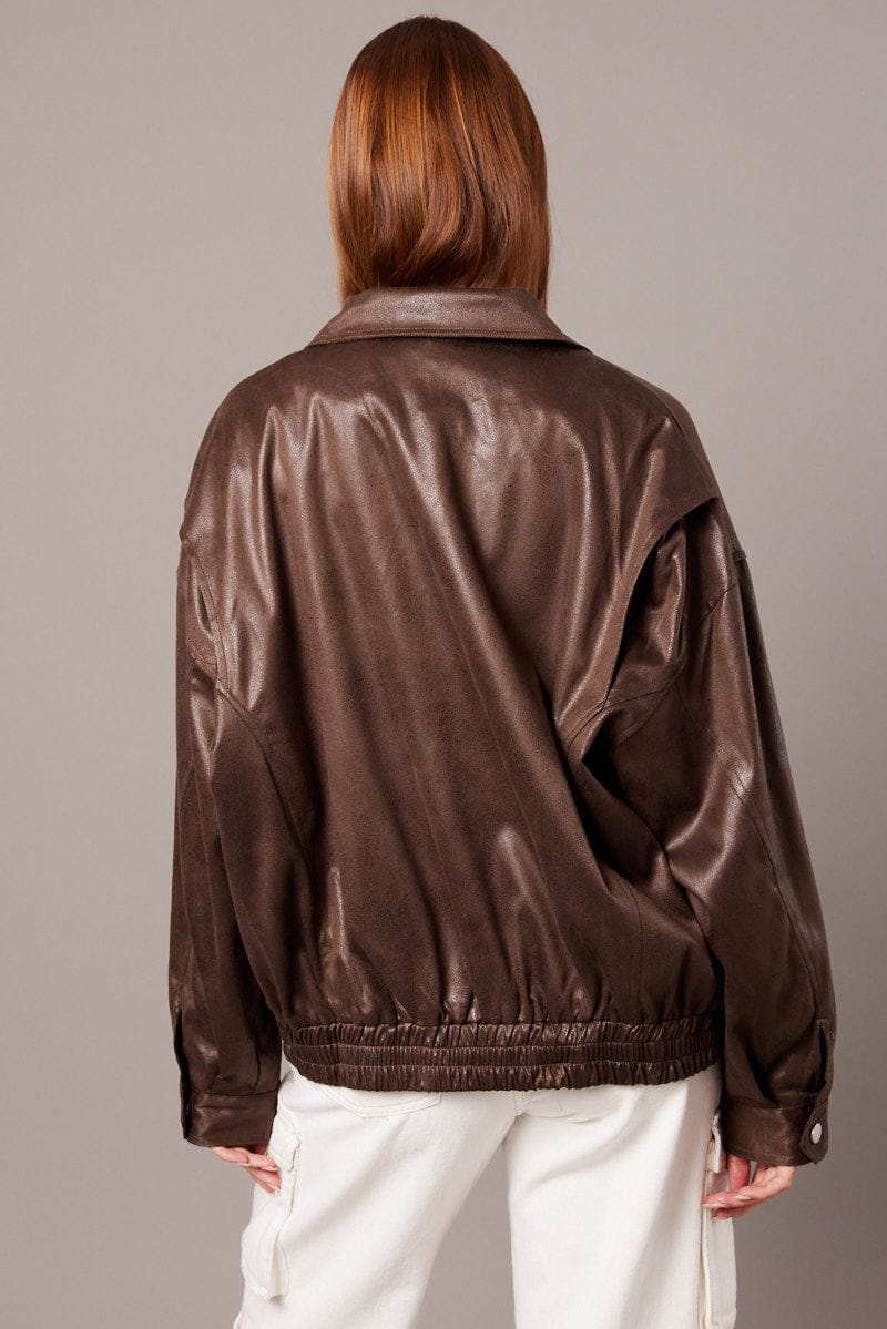 Brown Faux Leather Jacket Long Sleeve